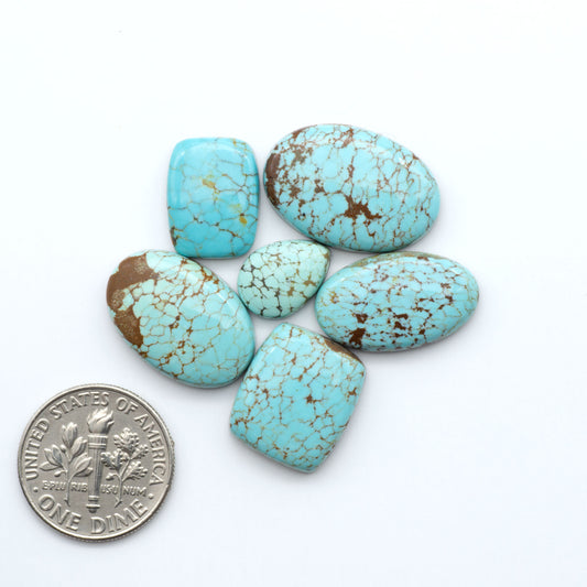 Number 8 Turquoise cabochons, blue and green color with brown matrix, polished stones on a white background, with a US dime for scale