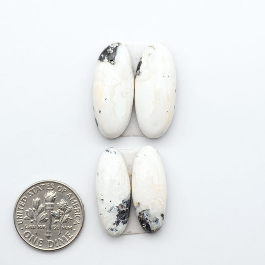 White Buffalo stone cabochons, white stone with black matrix, polished stones on a white background, with a US dime for scale