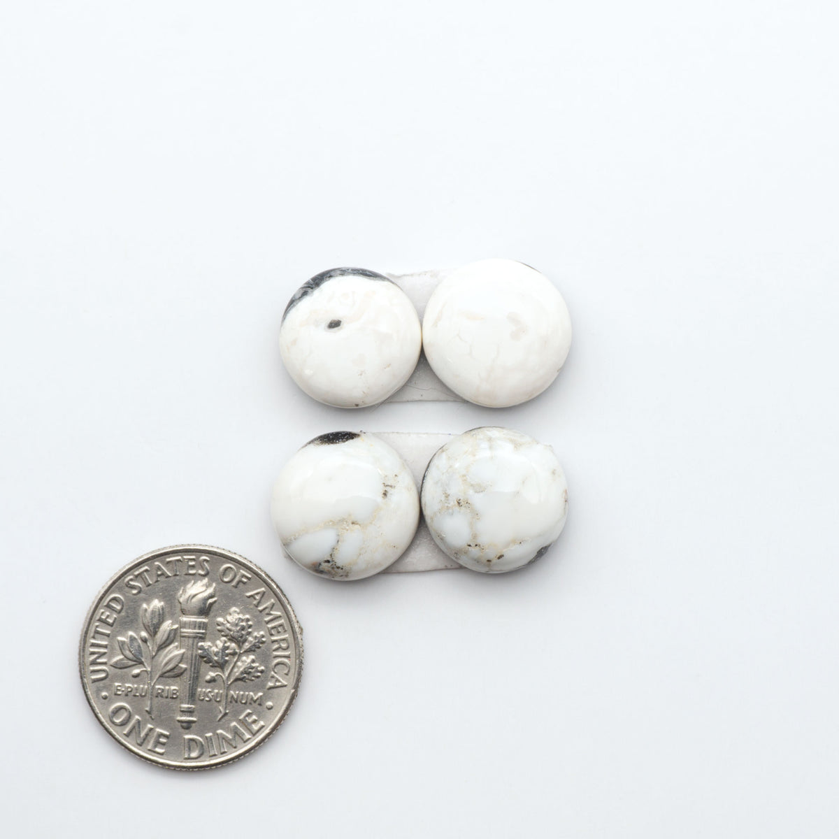 White Buffalo stone cabochons, white stone with black matrix, polished stones on a white background, with a US dime for scale
