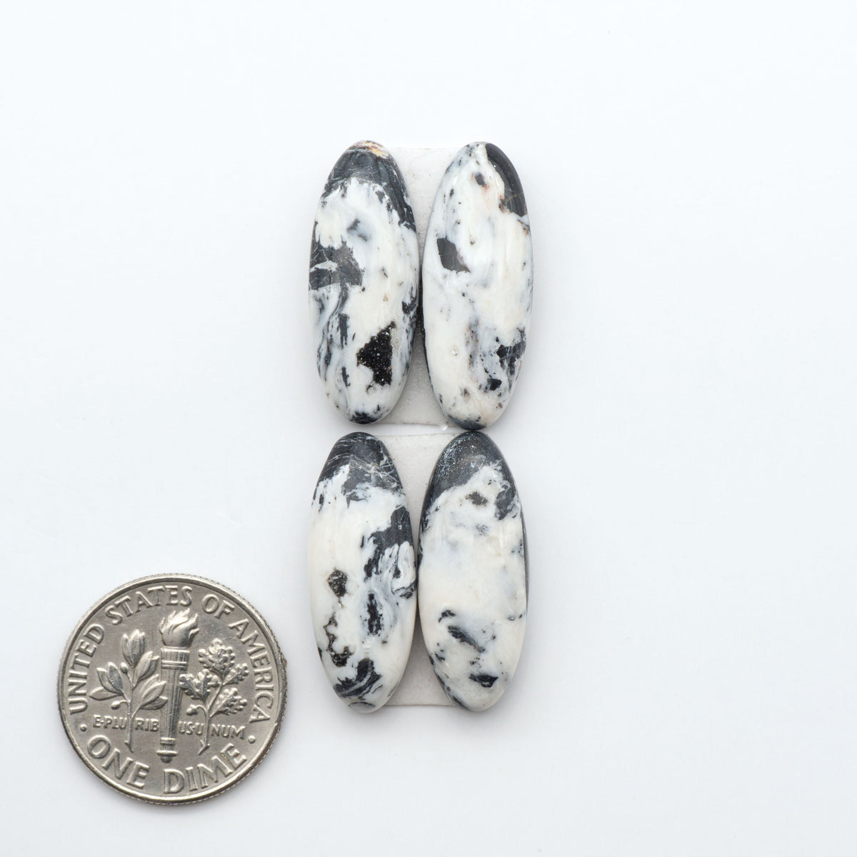 White Buffalo stone cabochons, white stone with black matrix, polished stones on a white background, with a US dime for scale