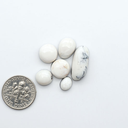 White Buffalo stone cabochons, white stone with black matrix, polished stones on a white background, with a US dime for scale