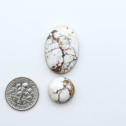 Wild Horse Magnesite cabochons, white gemstones with brown matrix on a white background, with a US dime for scale