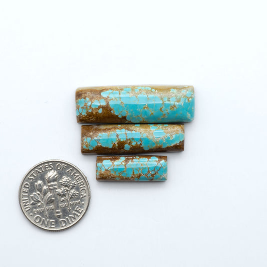 Number 8 Turquoise cabochons, blue and green color with brown matrix, polished stones on a white background, with a US dime for scale