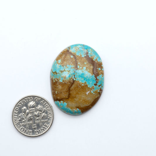 Number 8 Turquoise cabochons, blue and green color with brown matrix, polished stones on a white background, with a US dime for scale