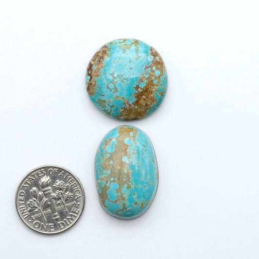 Number 8 Turquoise cabochons, blue and green color with brown matrix, polished stones on a white background, with a US dime for scale
