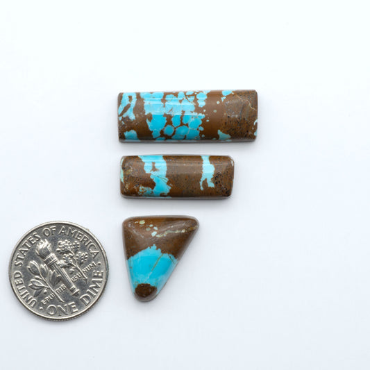 Number 8 Turquoise cabochons, blue and green color with brown matrix, polished stones on a white background, with a US dime for scale