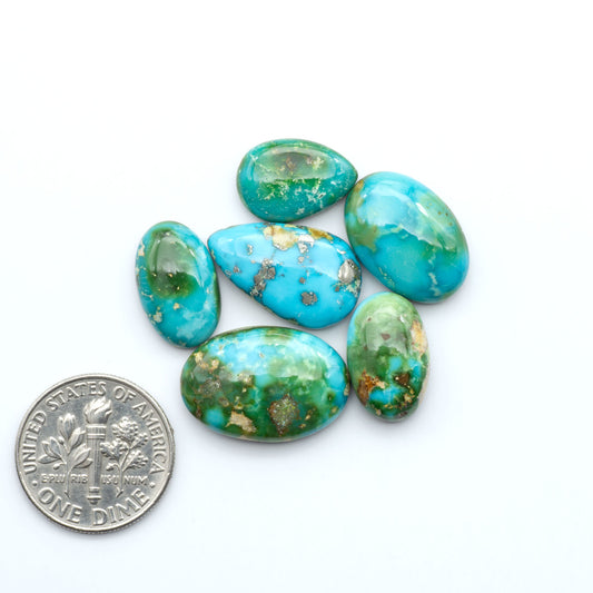 Sonoran Mountain Turquoise cabochons, blue-green color with natural matrix, polished stones on a white background, with a US dime for scale