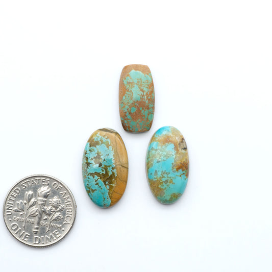 Pilot Mountain Turquoise cabochons, blue-green gemstones with natural matrix on a white background with a US dime for scale