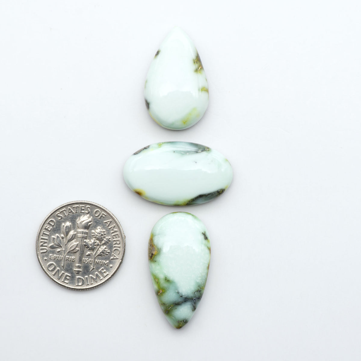 Palomino Variscite cabochons, polished yellow-green gemstones with natural matrix on a white background with a US dime for scale