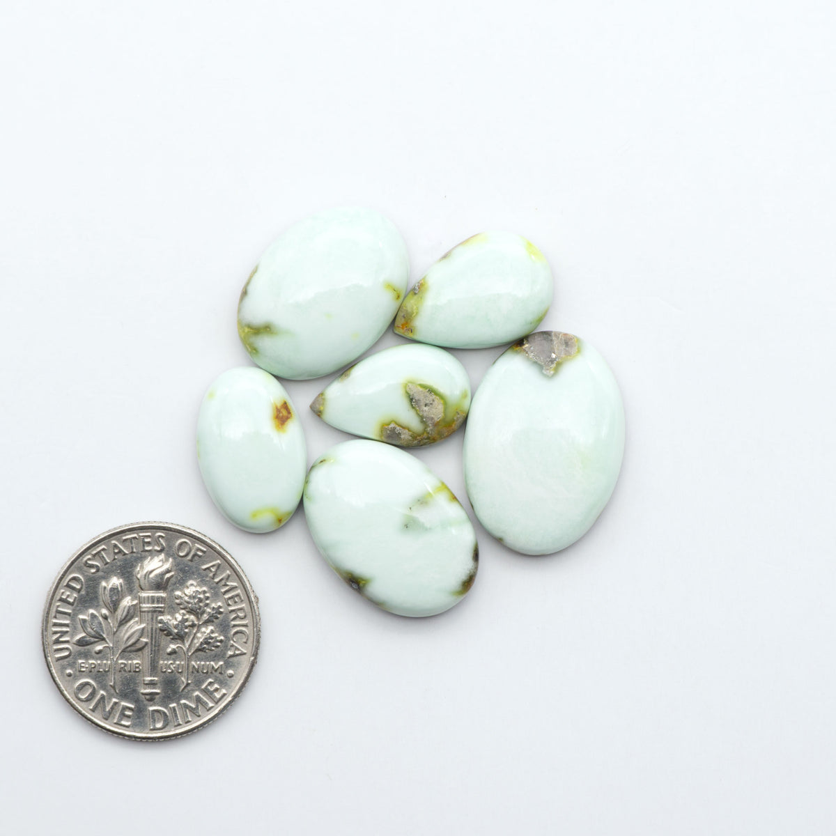 Palomino Variscite cabochons, polished yellow-green gemstones with natural matrix on a white background with a US dime for scale