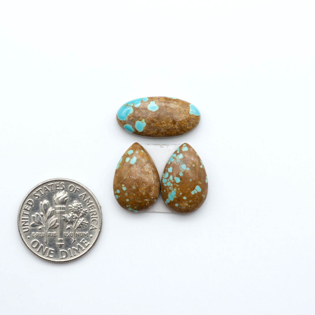 Number 8 Turquoise cabochons, blue and green color with brown matrix, polished stones on a white background, with a US dime for scale