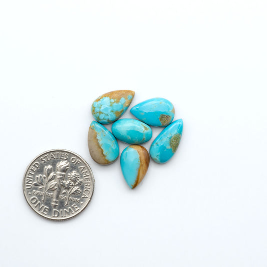 Kings Manassa Turquoise cabochons, polished green-blue gemstones with natural matrix on a white background with a US dime for scale