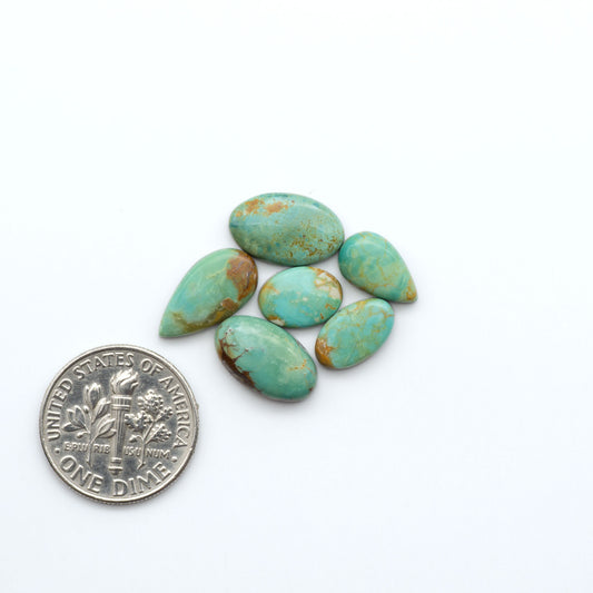 Kings Manassa Turquoise cabochons, polished green-blue gemstones with natural matrix on a white background with a US dime for scale