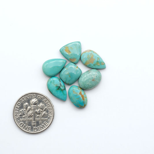 Kings Manassa Turquoise cabochons, polished green-blue gemstones with natural matrix on a white background with a US dime for scale