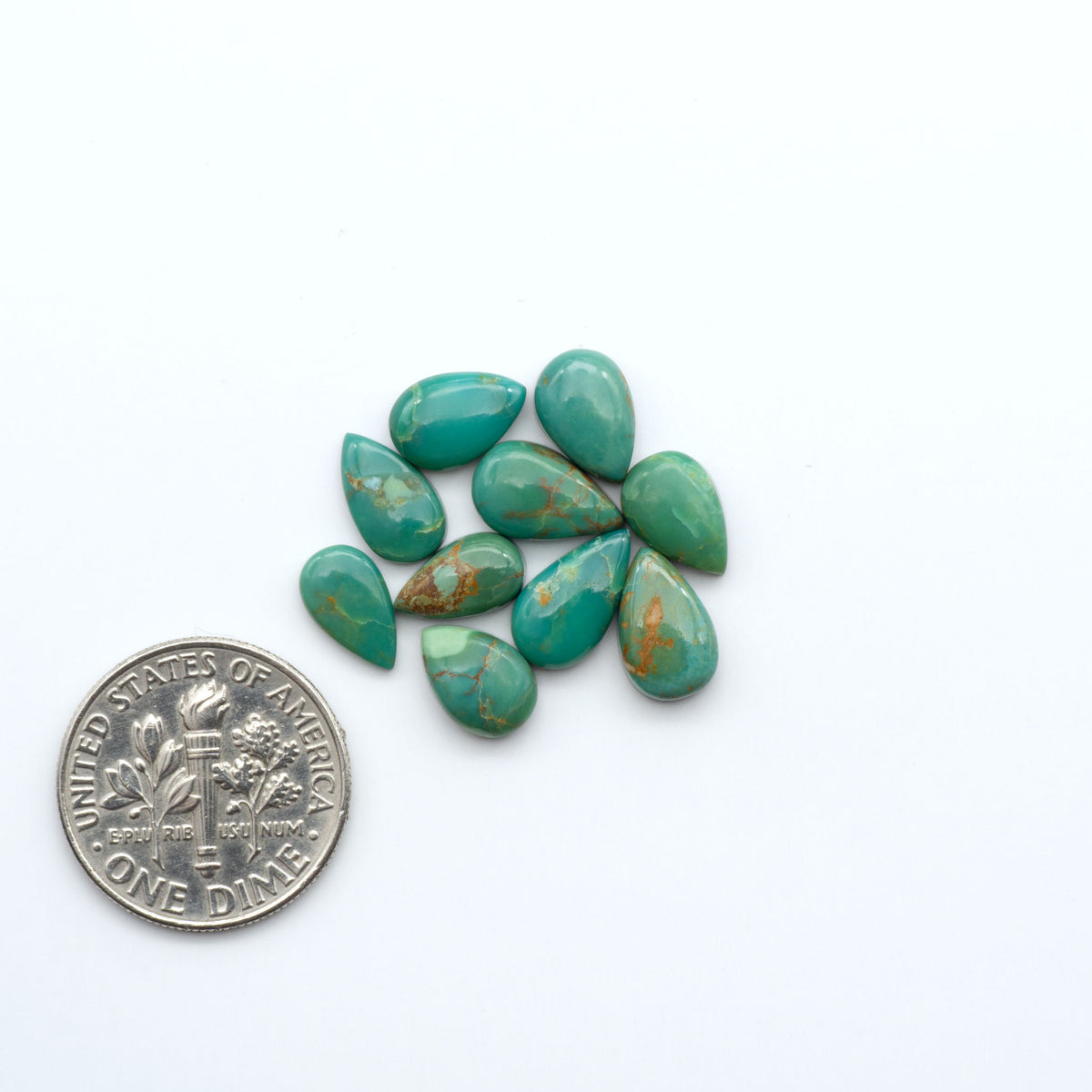 Kings Manassa Turquoise cabochons, polished green-blue gemstones with natural matrix on a white background with a US dime for scale