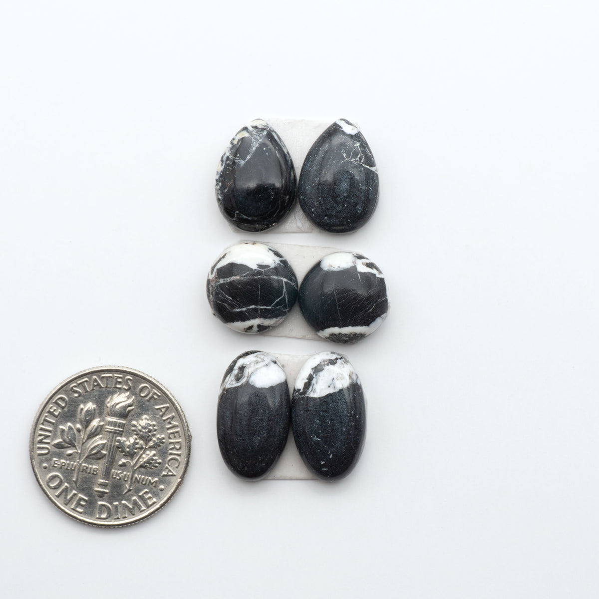 White Buffalo stone cabochons, white stone with black matrix, polished stones on a white background, with a US dime for scale