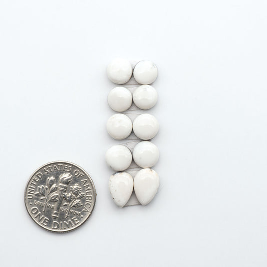 White Buffalo stone cabochons, white stone with black matrix, polished stones on a white background, with a US dime for scale