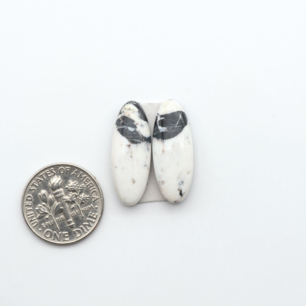 White Buffalo stone cabochons, white stone with black matrix, polished stones on a white background, with a US dime for scale