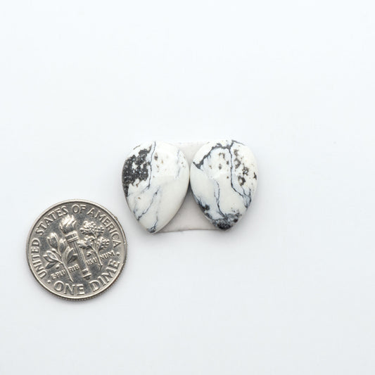 White Buffalo stone cabochons, white stone with black matrix, polished stones on a white background, with a US dime for scale