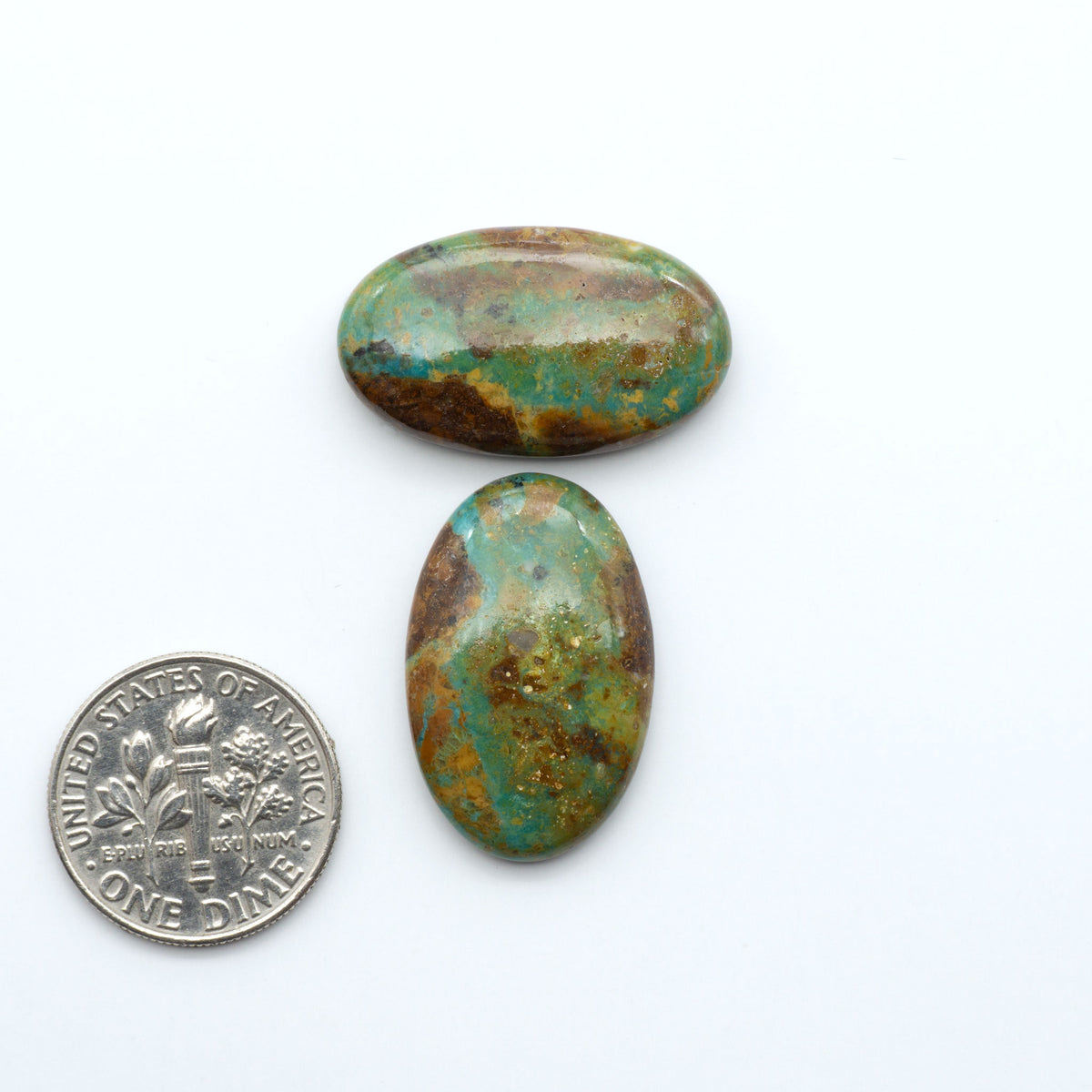 Turquoise Mountain Turquoise cabochons, polished blue and green gemstones with natural matrix on a white background with a US dime for scale