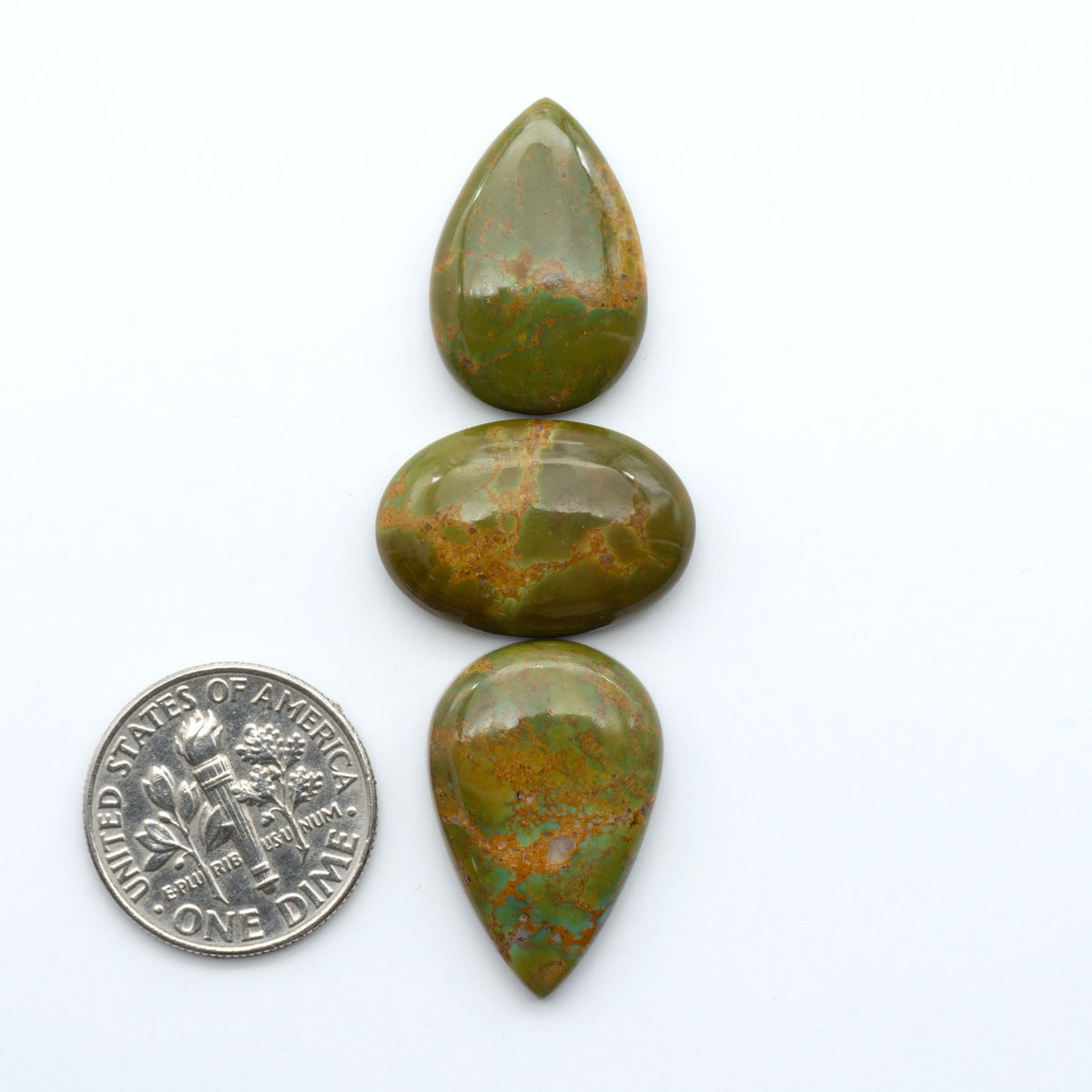 Turquoise Mountain Turquoise cabochons, polished blue and green gemstones with natural matrix on a white background with a US dime for scale