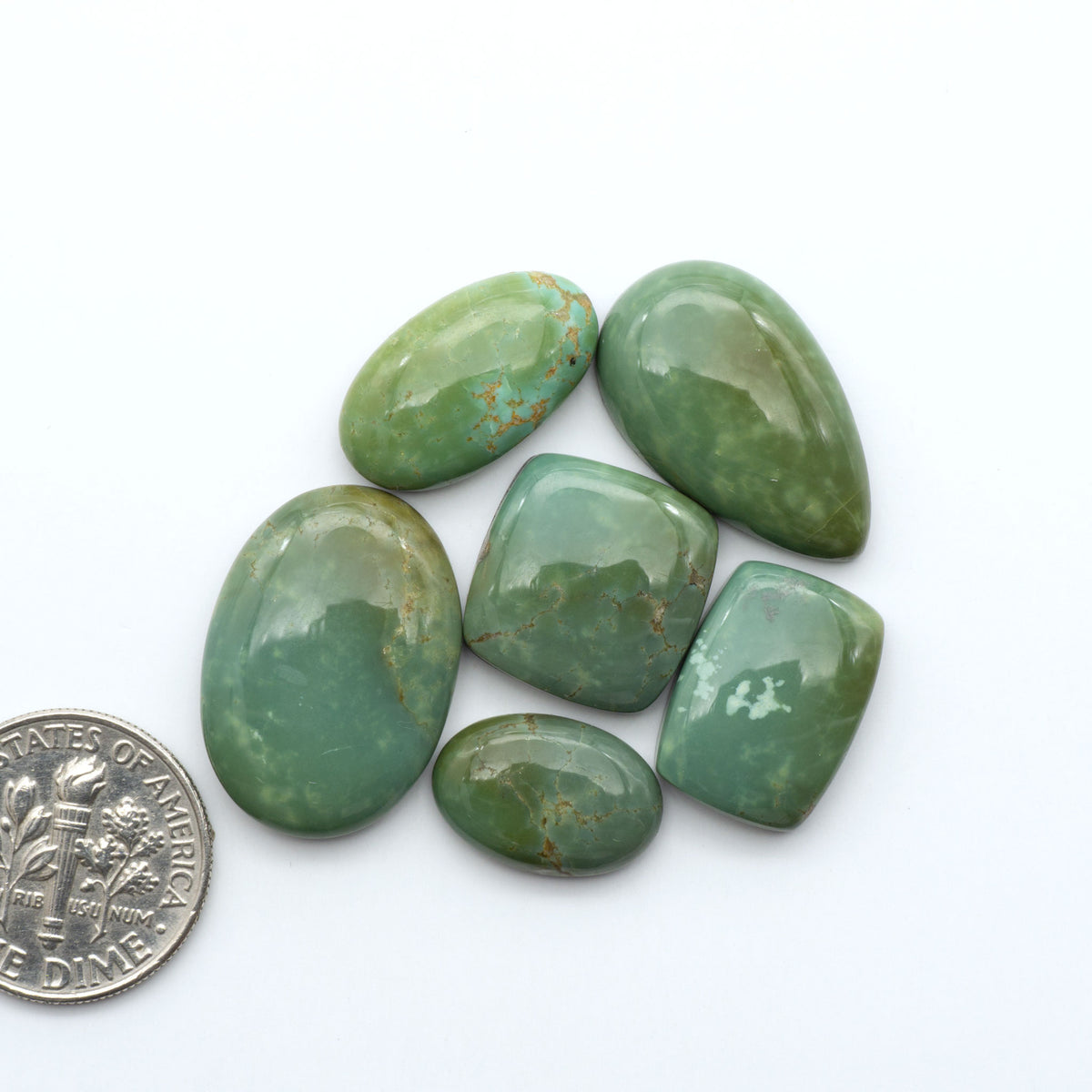 Turquoise Mountain Turquoise cabochons, polished blue and green gemstones with natural matrix on a white background with a US dime for scale