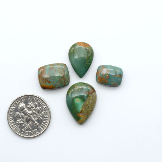 Turquoise Mountain Turquoise cabochons, polished blue and green gemstones with natural matrix on a white background with a US dime for scale