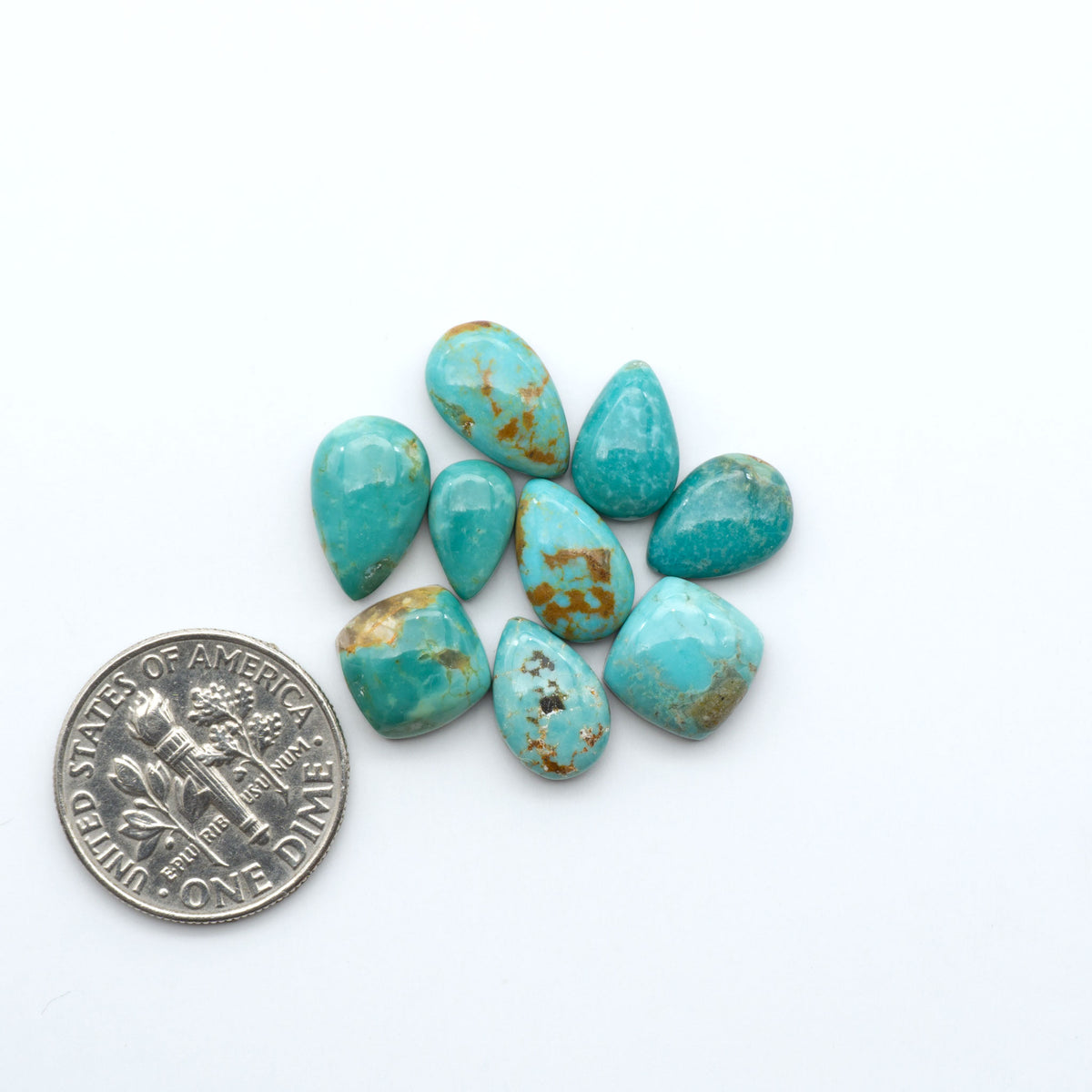 Turquoise Mountain Turquoise cabochons, polished blue and green gemstones with natural matrix on a white background with a US dime for scale