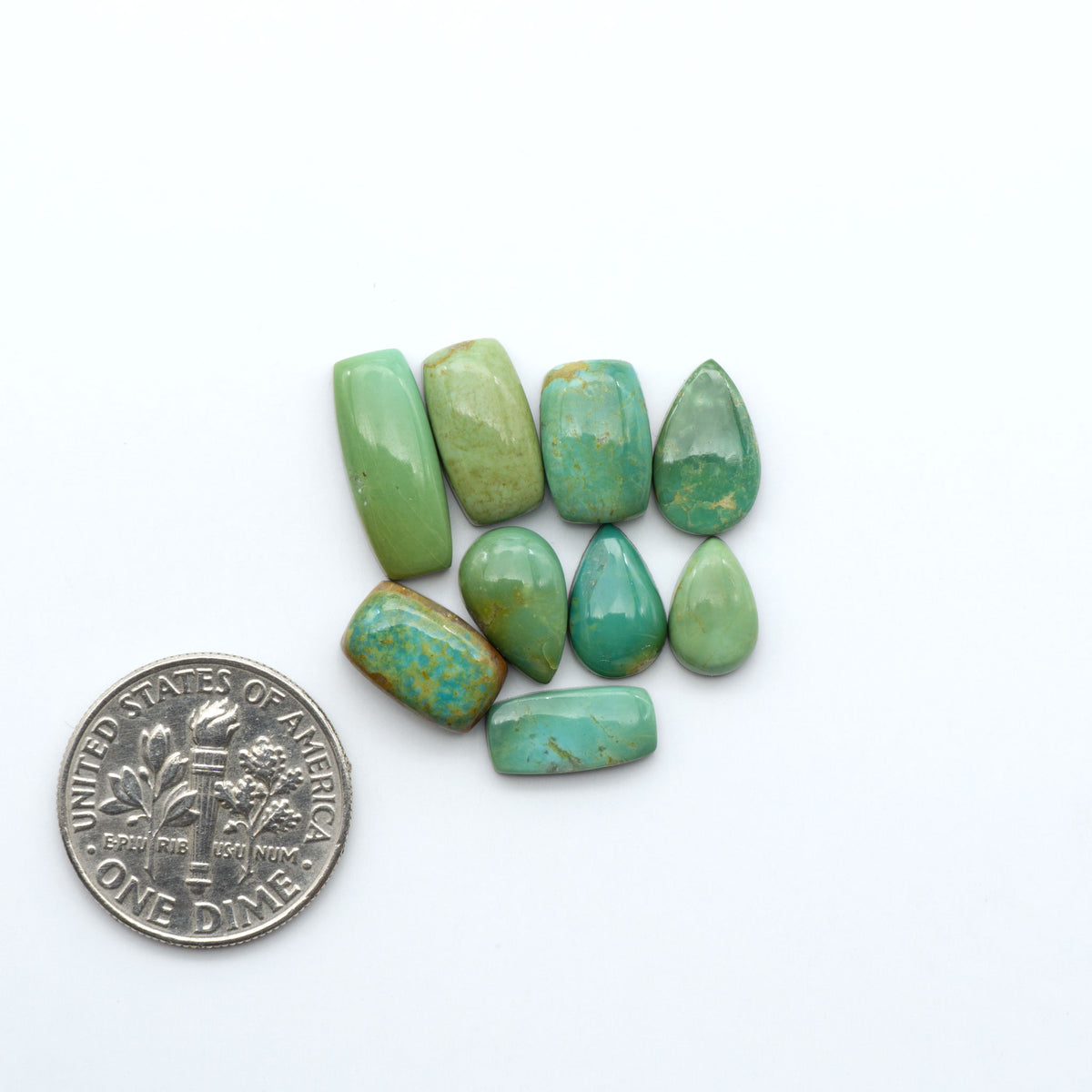 Turquoise Mountain Turquoise cabochons, polished blue and green gemstones with natural matrix on a white background with a US dime for scale