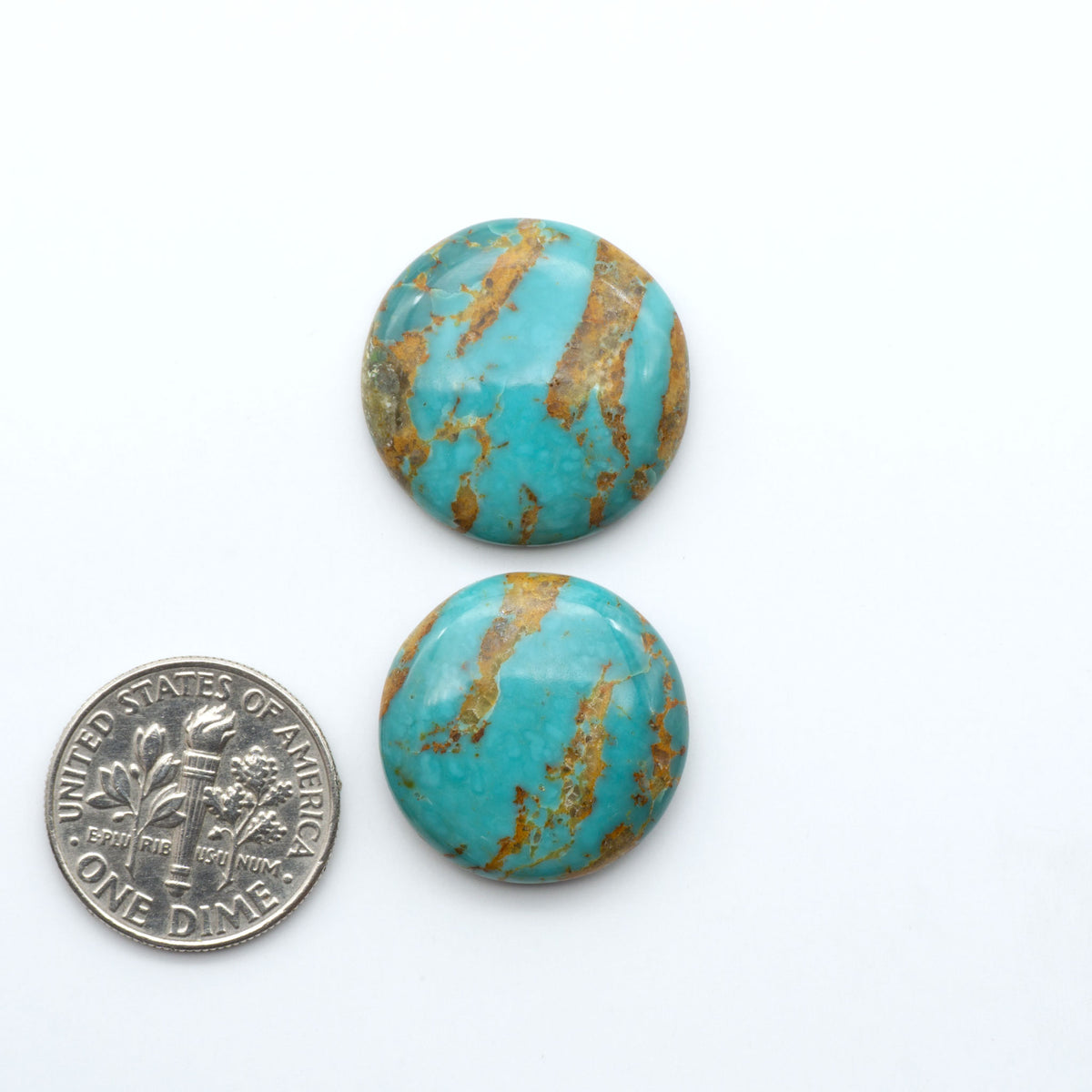 Turquoise Mountain Turquoise cabochons, polished blue and green gemstones with natural matrix on a white background with a US dime for scale