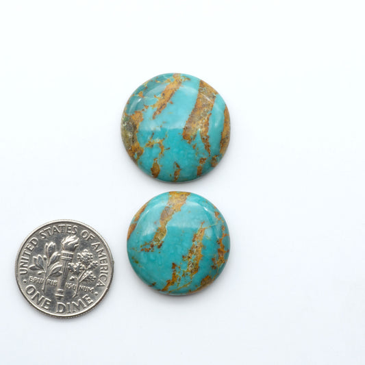 Turquoise Mountain Turquoise cabochons, polished blue and green gemstones with natural matrix on a white background with a US dime for scale