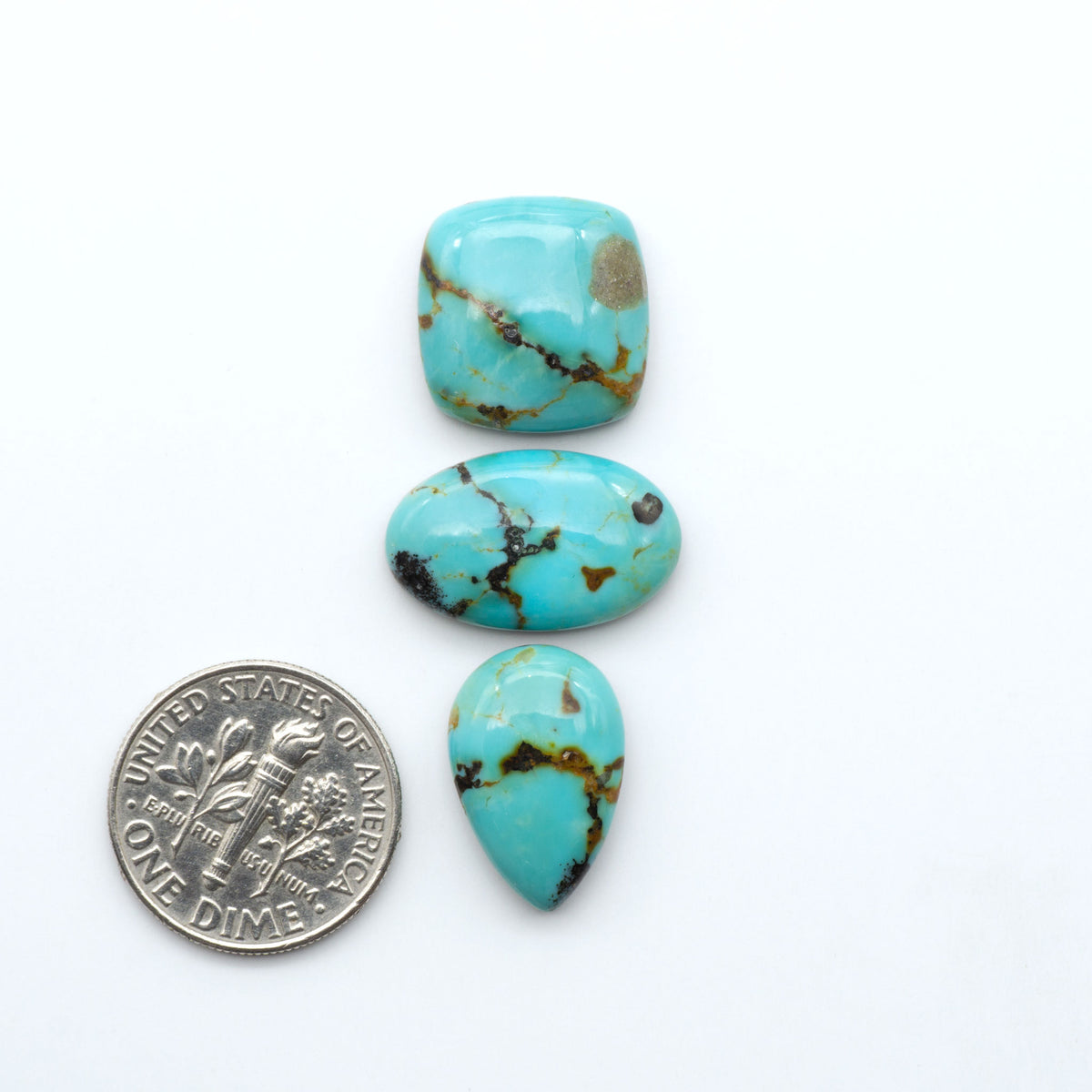 Turquoise Mountain Turquoise cabochons, polished blue and green gemstones with natural matrix on a white background with a US dime for scale