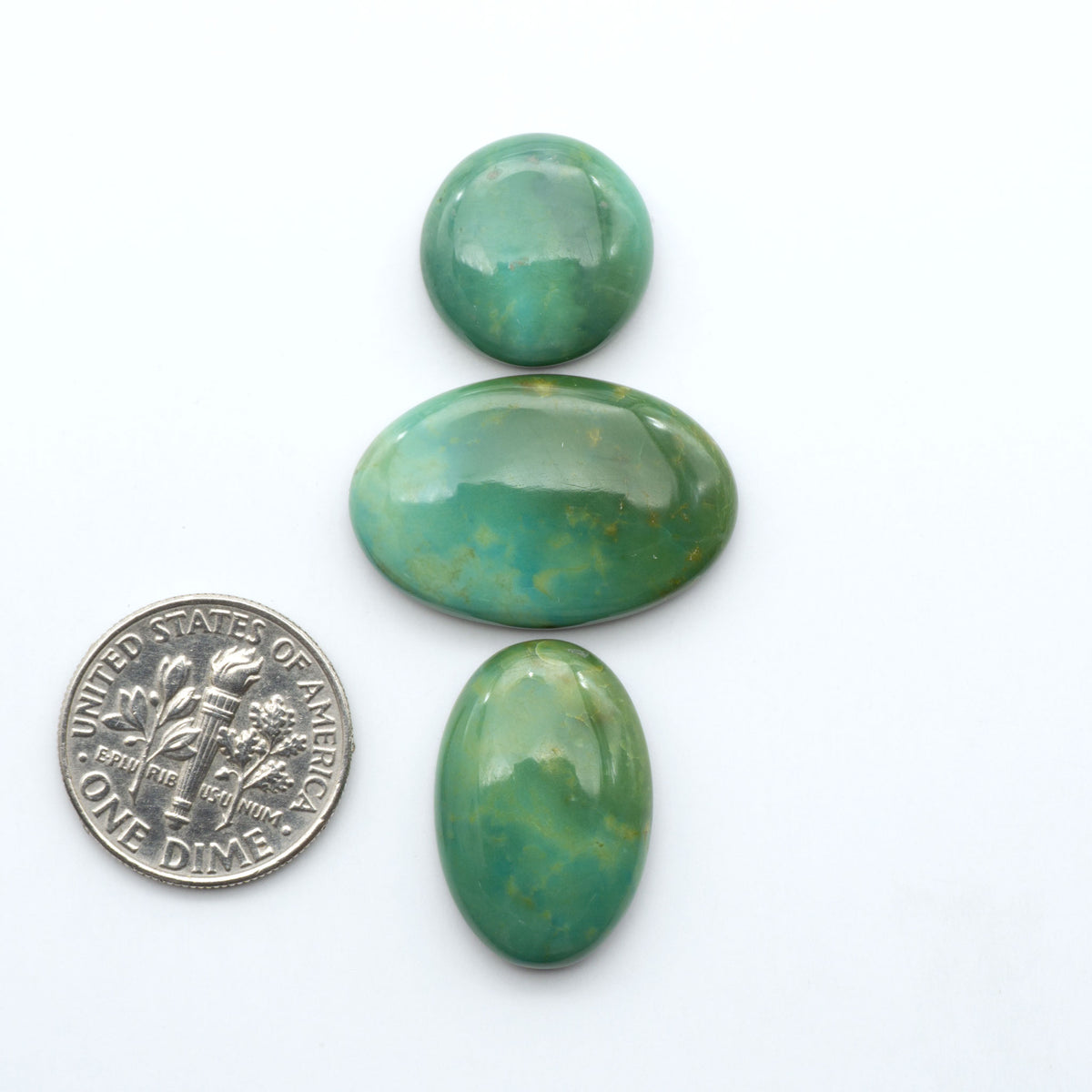 Turquoise Mountain Turquoise cabochons, polished blue and green gemstones with natural matrix on a white background with a US dime for scale