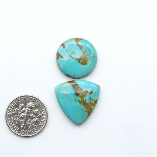 Turquoise Mountain Turquoise cabochons, polished blue and green gemstones with natural matrix on a white background with a US dime for scale