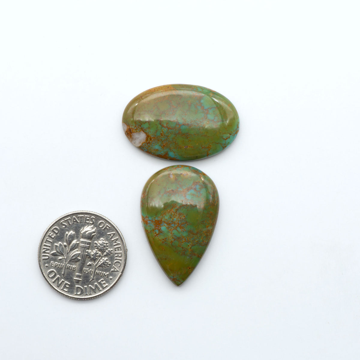 Turquoise Mountain Turquoise cabochons, polished blue and green gemstones with natural matrix on a white background with a US dime for scale