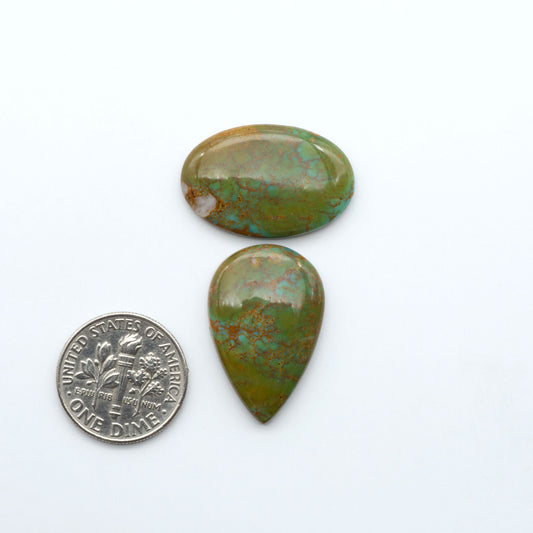 Turquoise Mountain Turquoise cabochons, polished blue and green gemstones with natural matrix on a white background with a US dime for scale