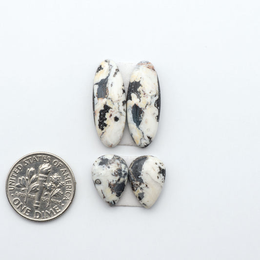 White Buffalo stone cabochons, white stone with black matrix, polished stones on a white background, with a US dime for scale