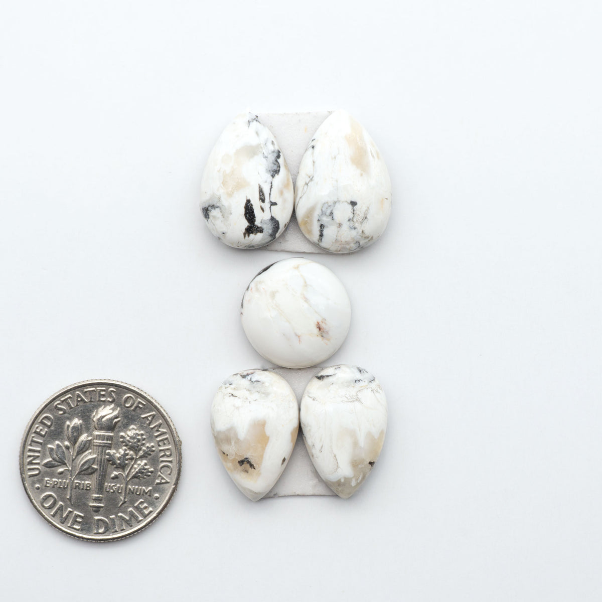 White Buffalo stone cabochons, white stone with black matrix, polished stones on a white background, with a US dime for scale