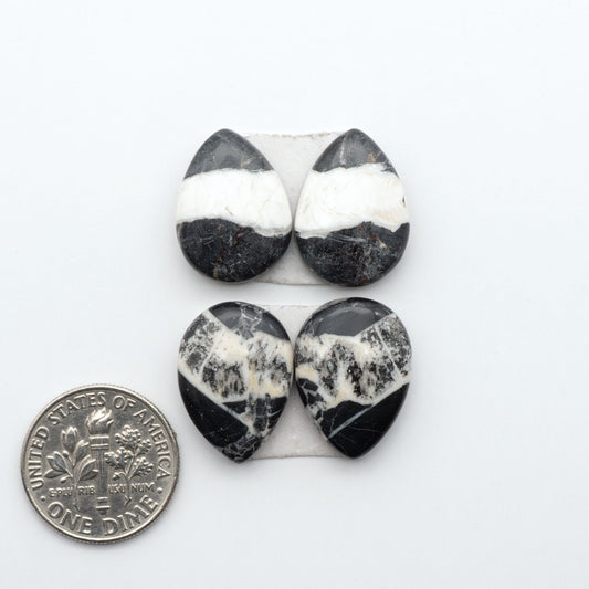 White Buffalo stone cabochons, white stone with black matrix, polished stones on a white background, with a US dime for scale