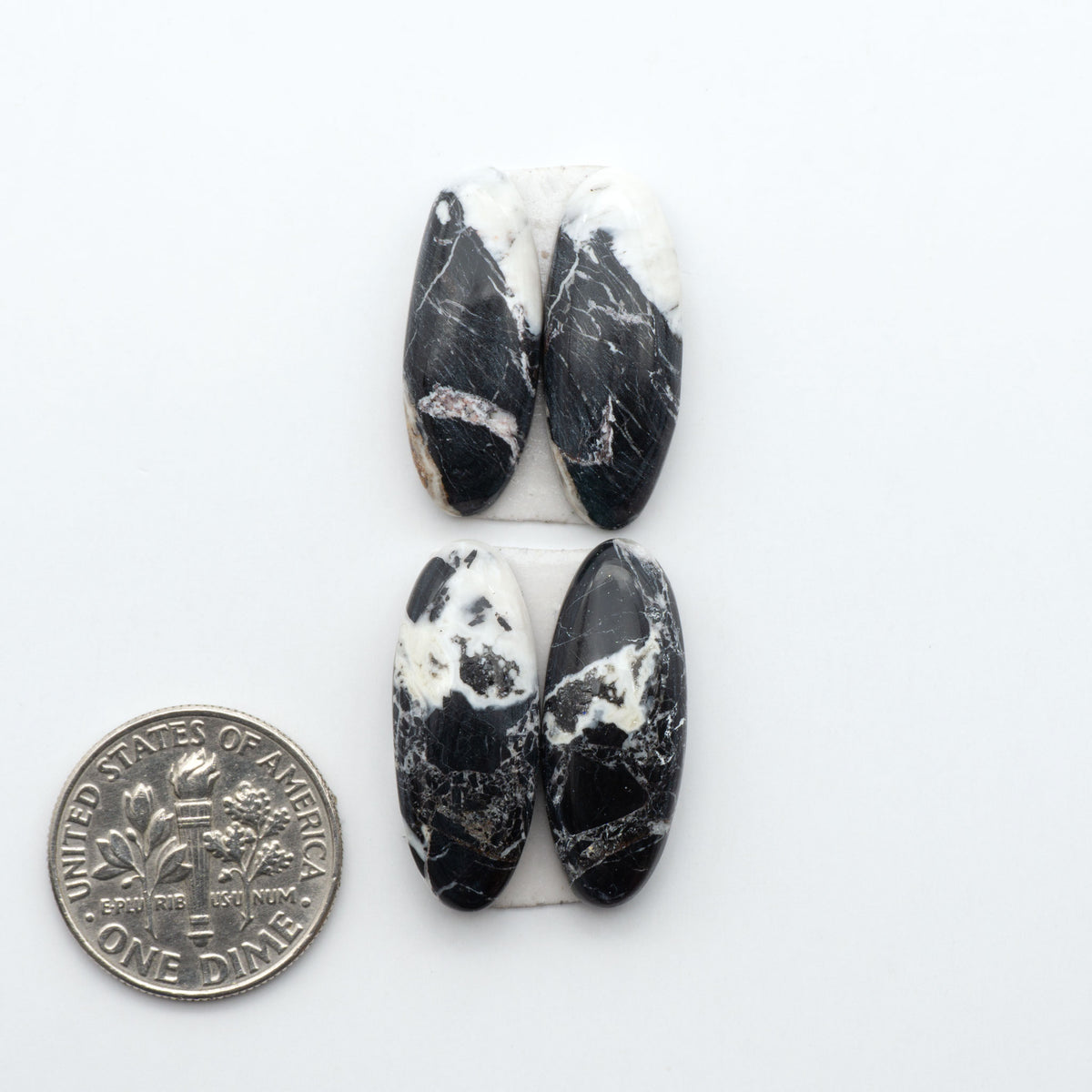 White Buffalo stone cabochons, white stone with black matrix, polished stones on a white background, with a US dime for scale