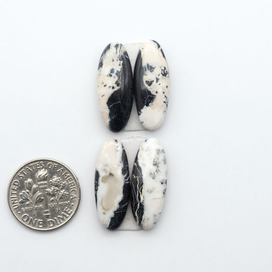 White Buffalo stone cabochons, white stone with black matrix, polished stones on a white background, with a US dime for scale