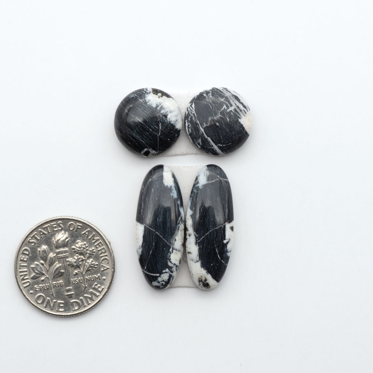 White Buffalo stone cabochons, white stone with black matrix, polished stones on a white background, with a US dime for scale