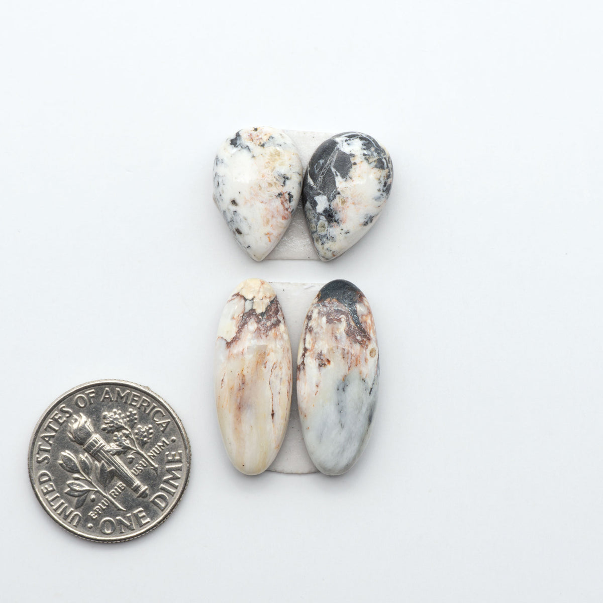 White Buffalo stone cabochons, white stone with black matrix, polished stones on a white background, with a US dime for scale
