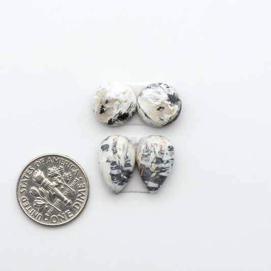White Buffalo stone cabochons, white stone with black matrix, polished stones on a white background, with a US dime for scale