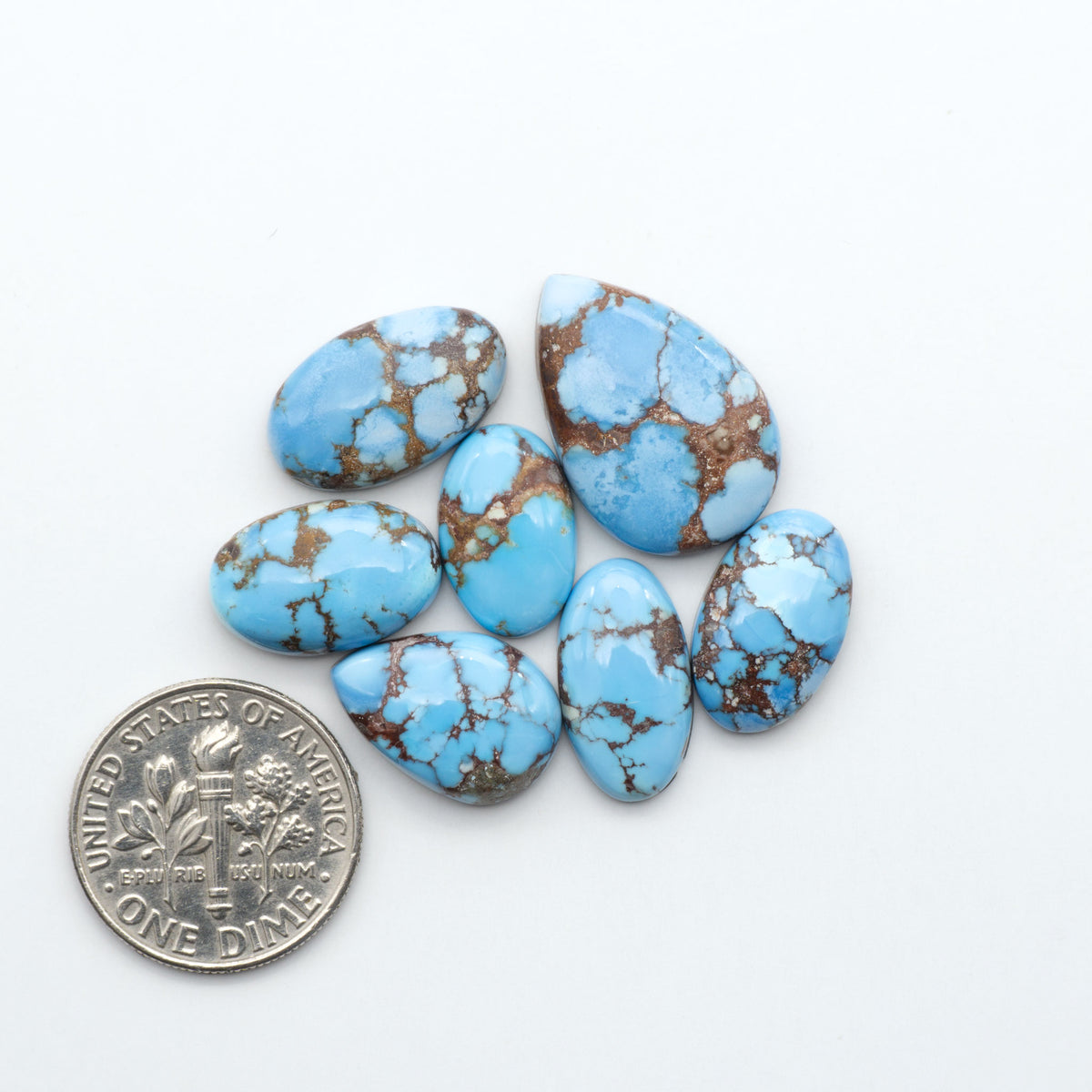 Golden Hills Turquoise cabochons, icy blue to lavender tones with chocolate matrix, polished stones on a white background with a US dime for scale