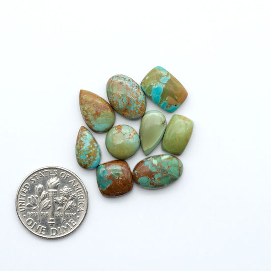 Kings Manassa Turquoise cabochons, polished green-blue gemstones with natural matrix on a white background with a US dime for scale