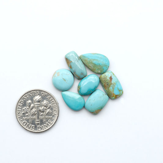 Kings Manassa Turquoise cabochons, polished green-blue gemstones with natural matrix on a white background with a US dime for scale