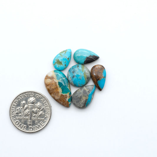 Kings Manassa Turquoise cabochons, polished green-blue gemstones with natural matrix on a white background with a US dime for scale