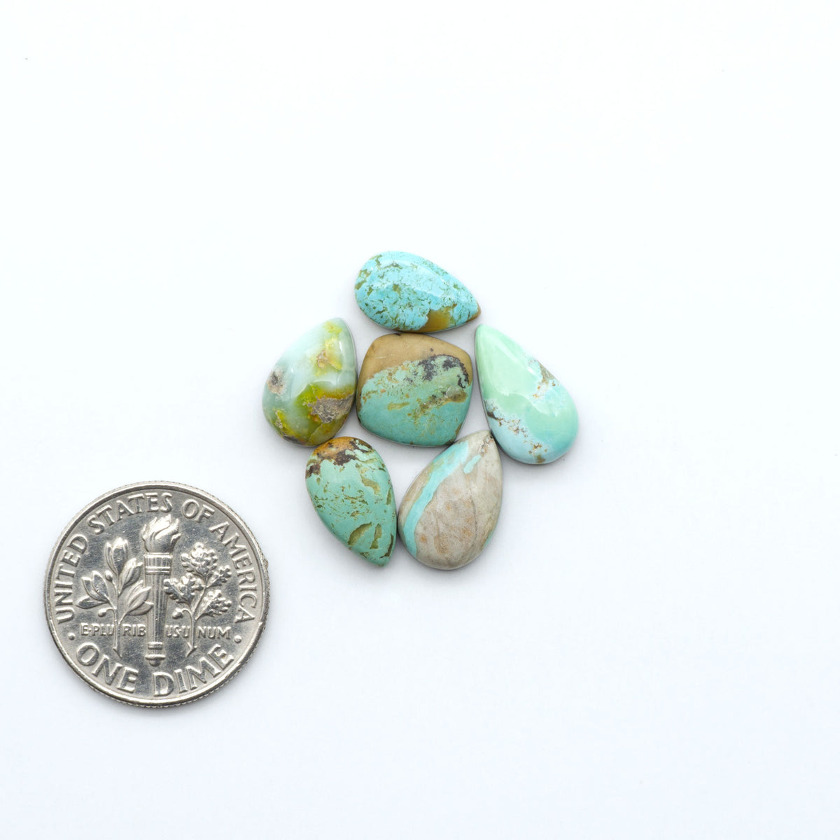 Kings Manassa Turquoise cabochons, polished green-blue gemstones with natural matrix on a white background with a US dime for scale