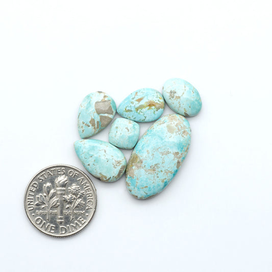 Royston Turquoise cabochons, blue-green color with natural matrix, polished stones on a white background, with a US dime for scale